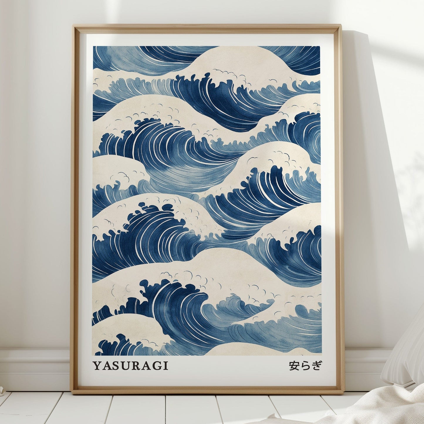Japanese wave ukiyo-e ocean wall art print in deep indigo blue and soft beige