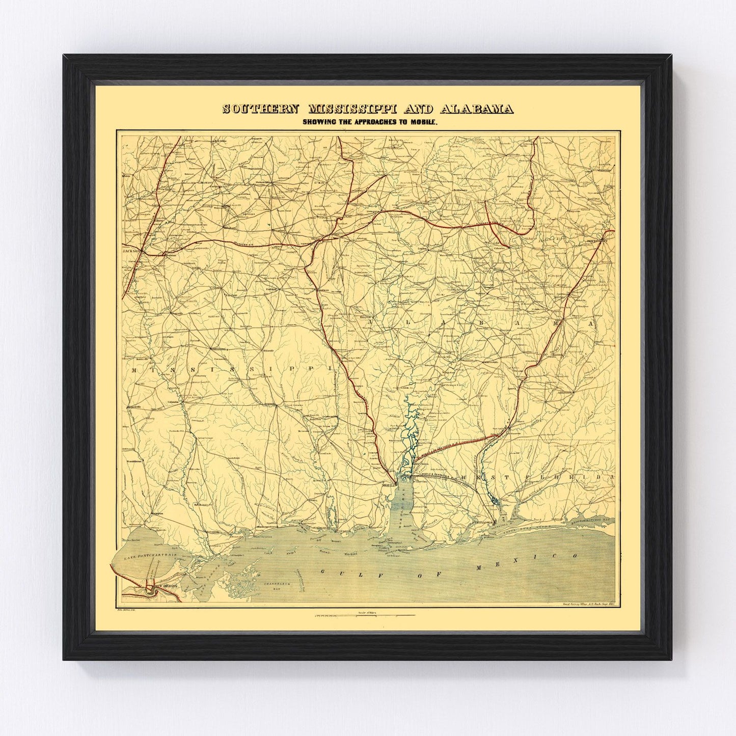 Vintage map of Alabama, 1863 - Civil War era restored print