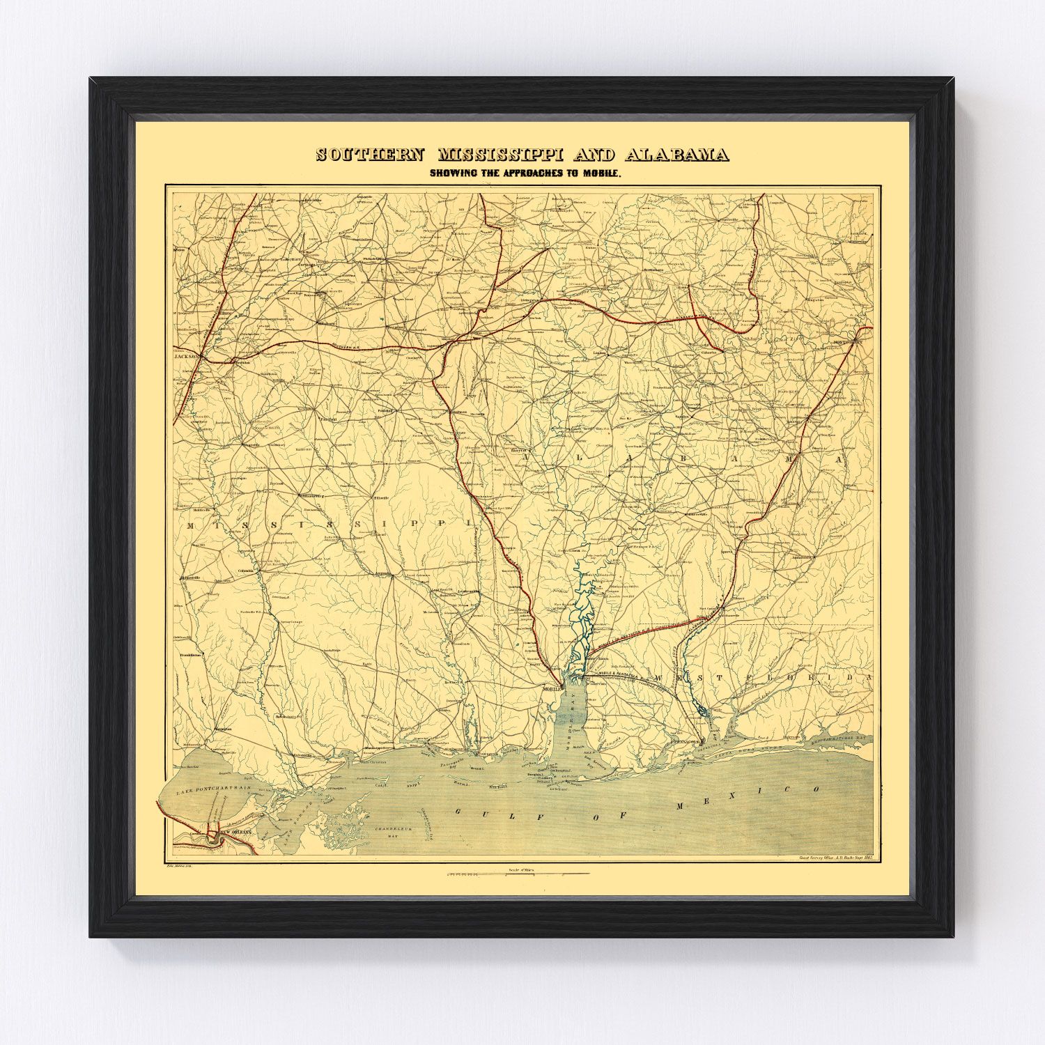 Vintage map of Alabama, 1863 - Civil War era restored print