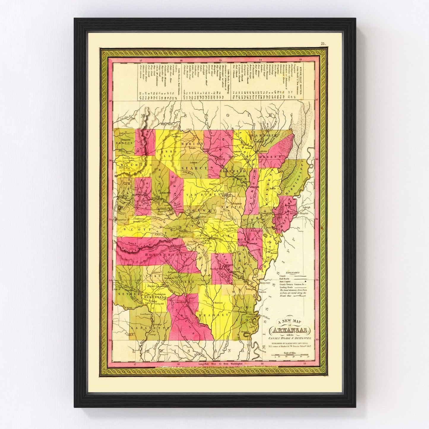 vintage map of Arkansas, 1847, frontier settlement era