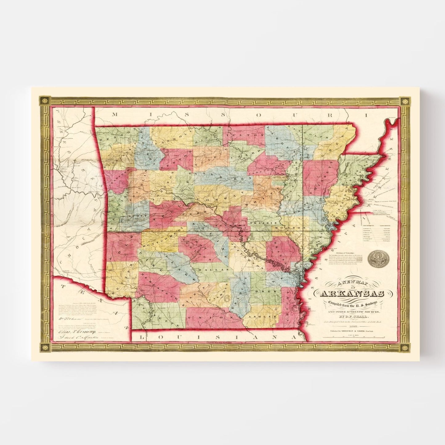 Vintage Map of Arkansas, 1852