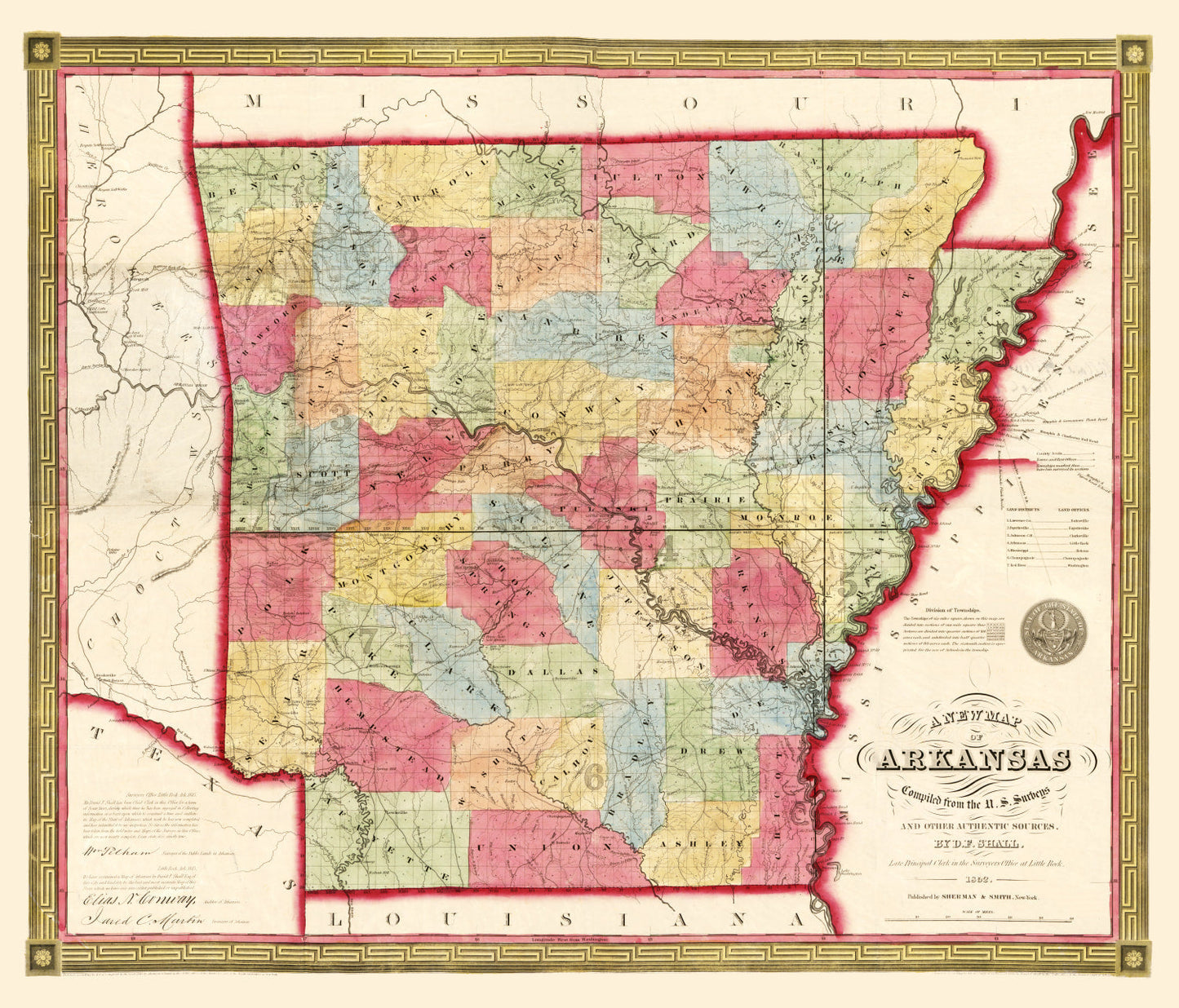 Vintage Map of Arkansas, 1852