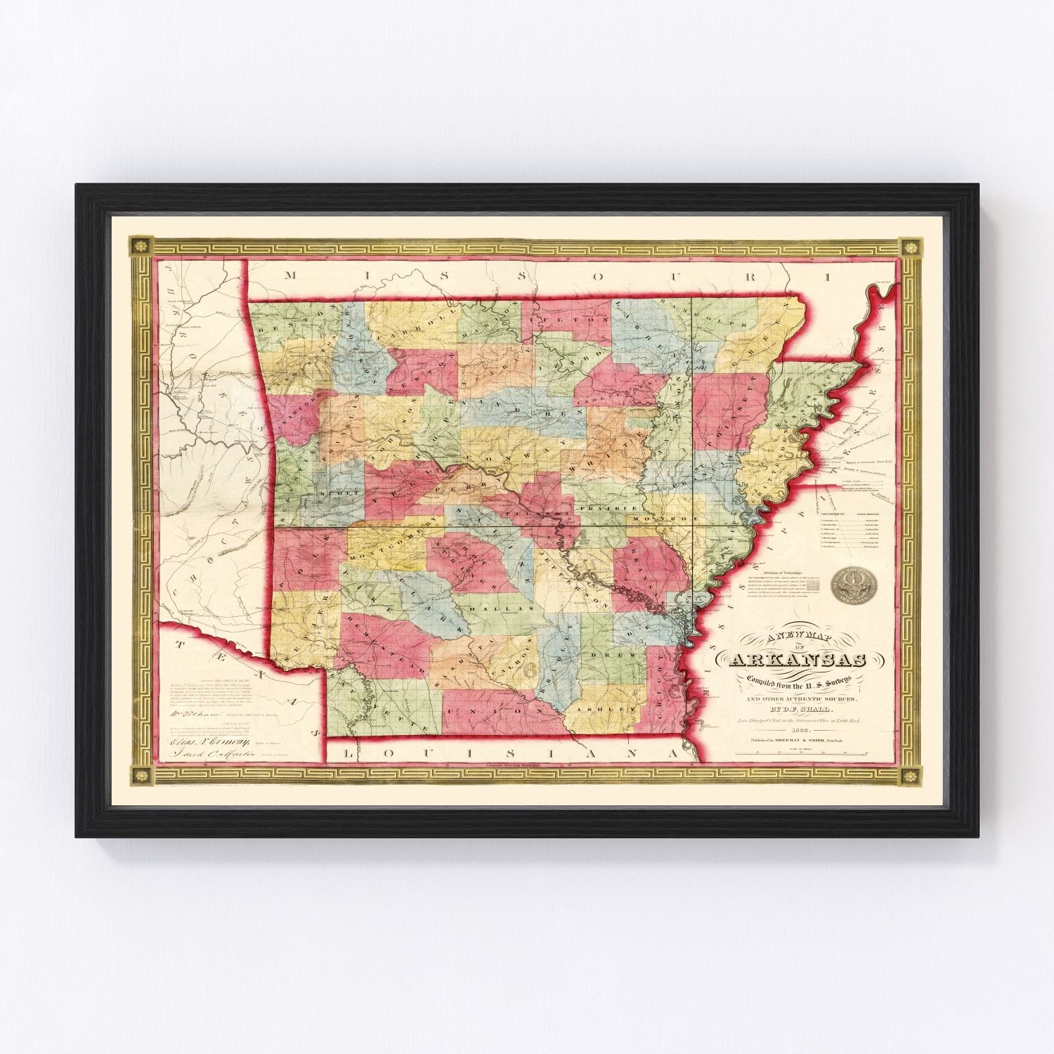 vintage map of Arkansas, 1852, antebellum river commerce