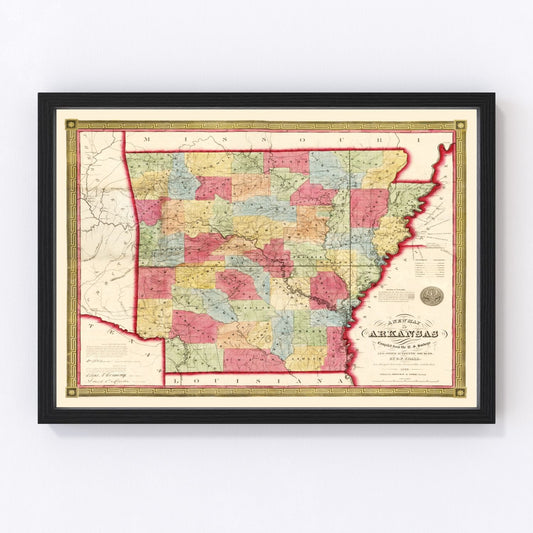 vintage map of Arkansas, 1852, antebellum river commerce
