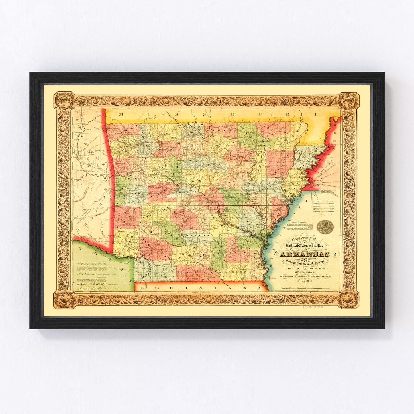 vintage map of Arkansas, 1854, antebellum era