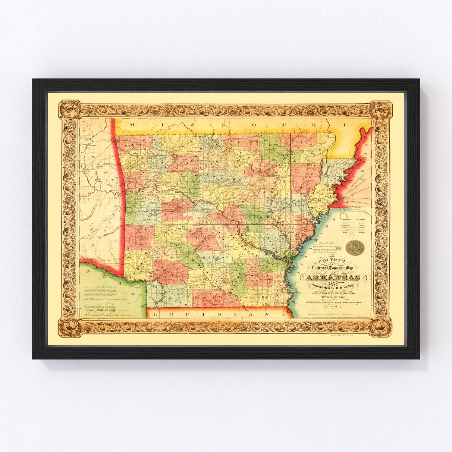 vintage map of Arkansas, 1854, antebellum era