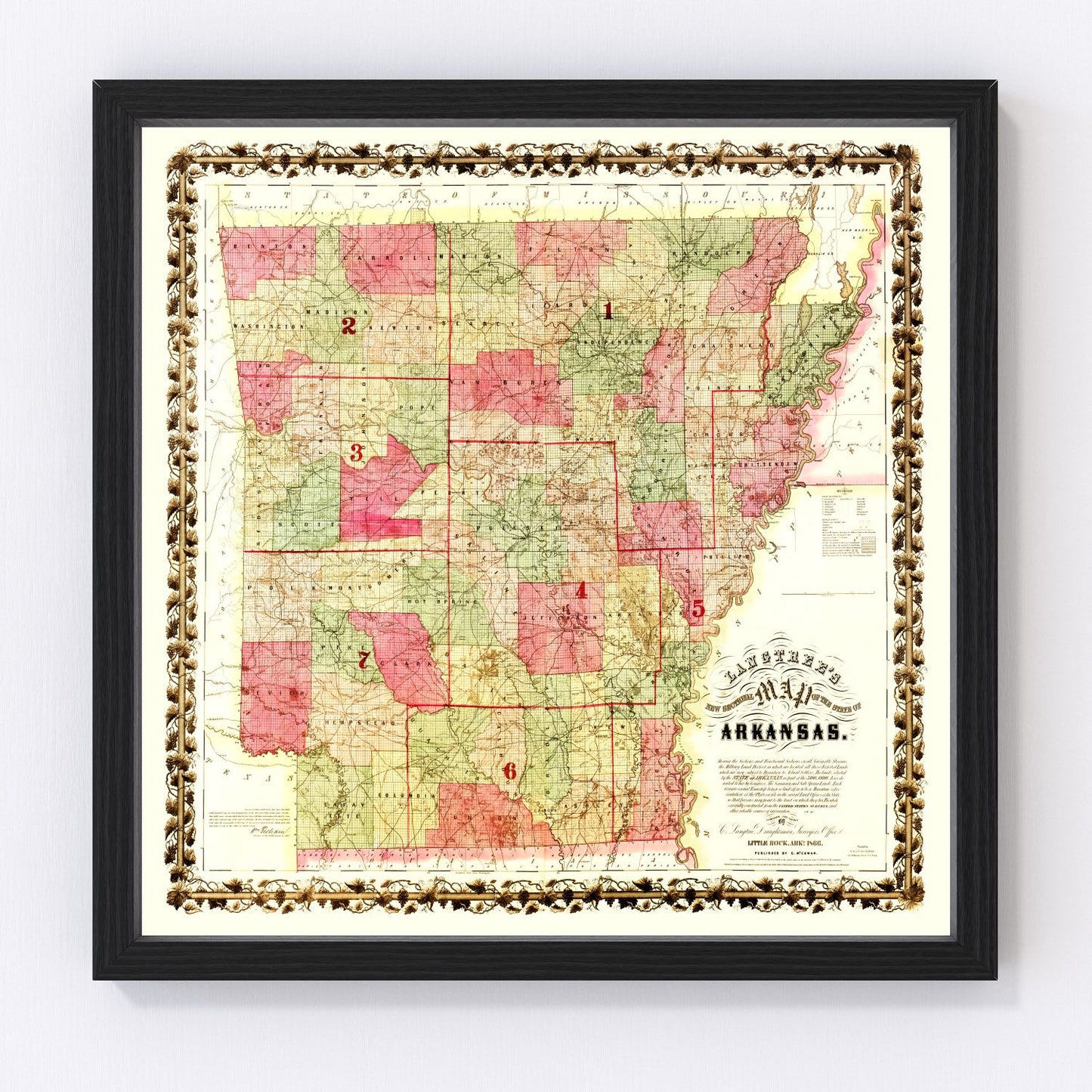 vintage map of Arkansas, 1866, Johnson atlas edition, Reconstruction