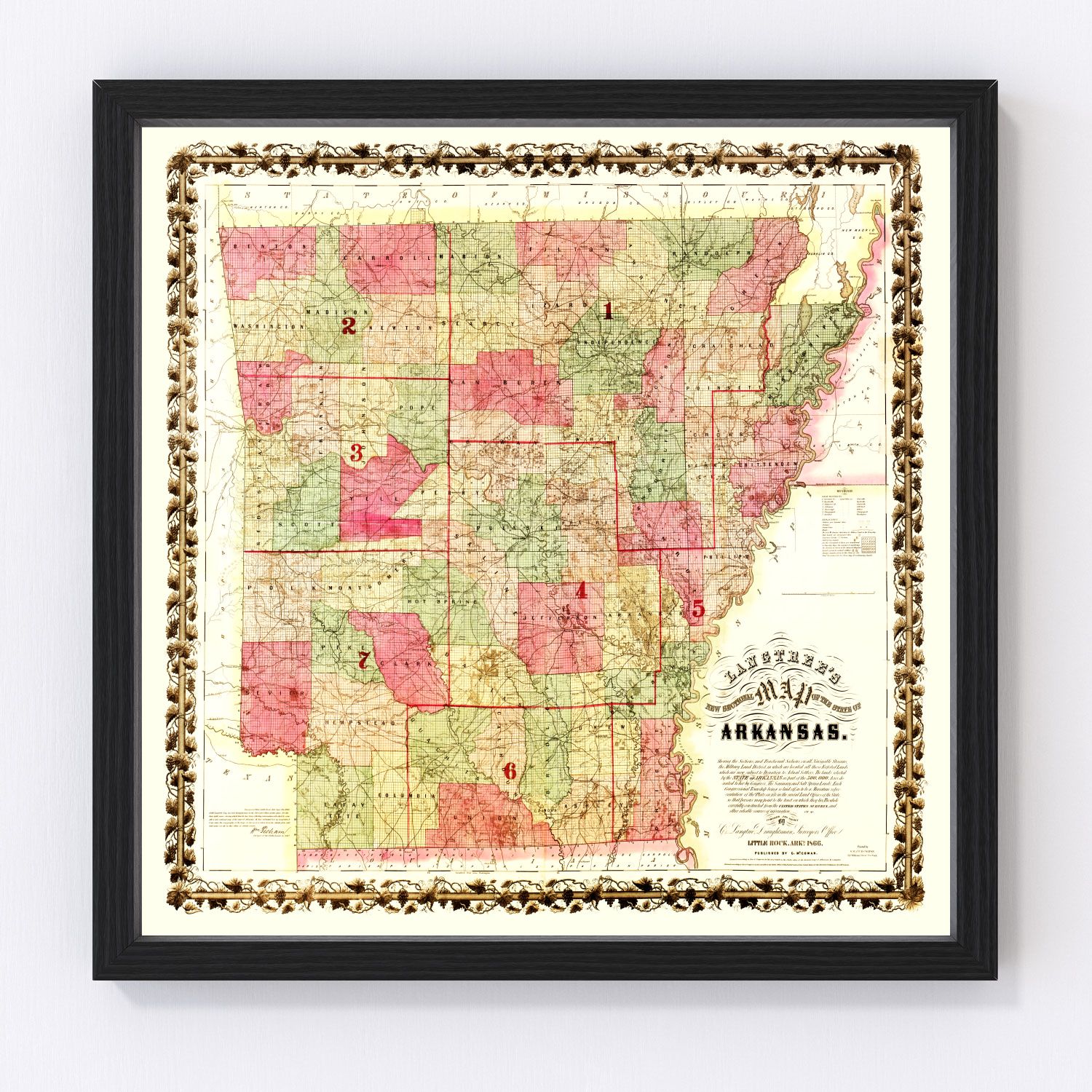 vintage map of Arkansas, 1866, Johnson atlas edition, Reconstruction