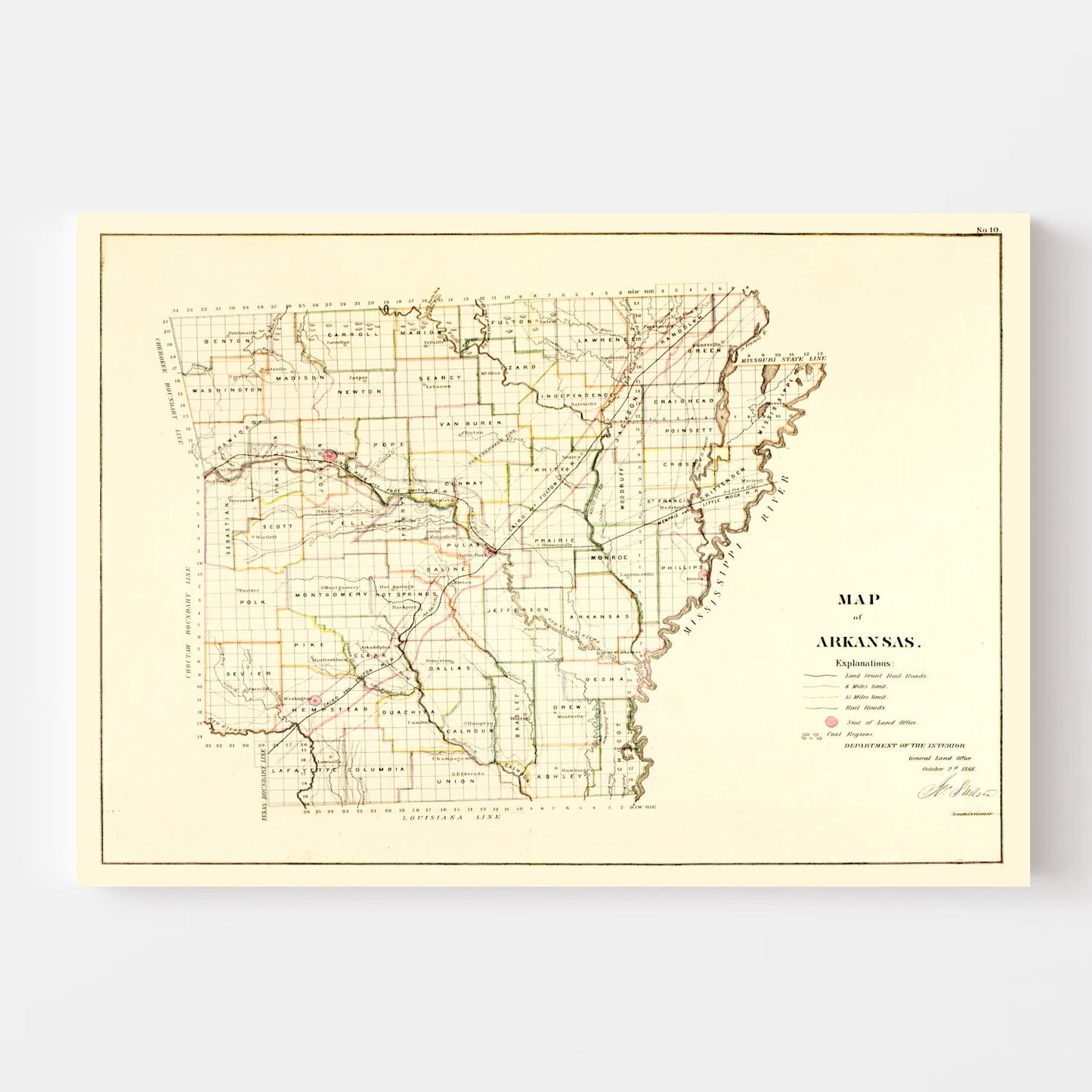 Vintage Map of Arkansas, 1866