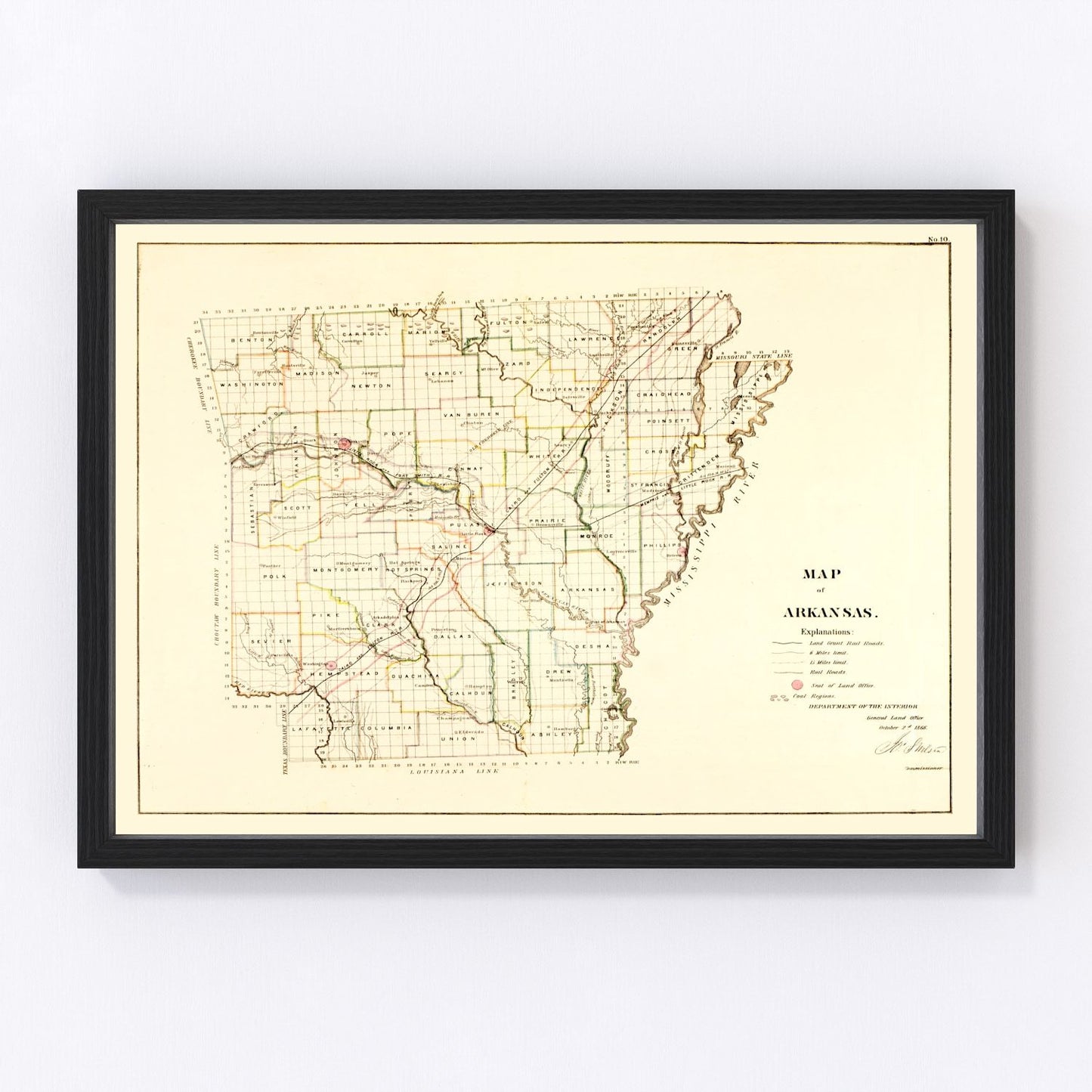 vintage map of Arkansas, 1866, Reconstruction era