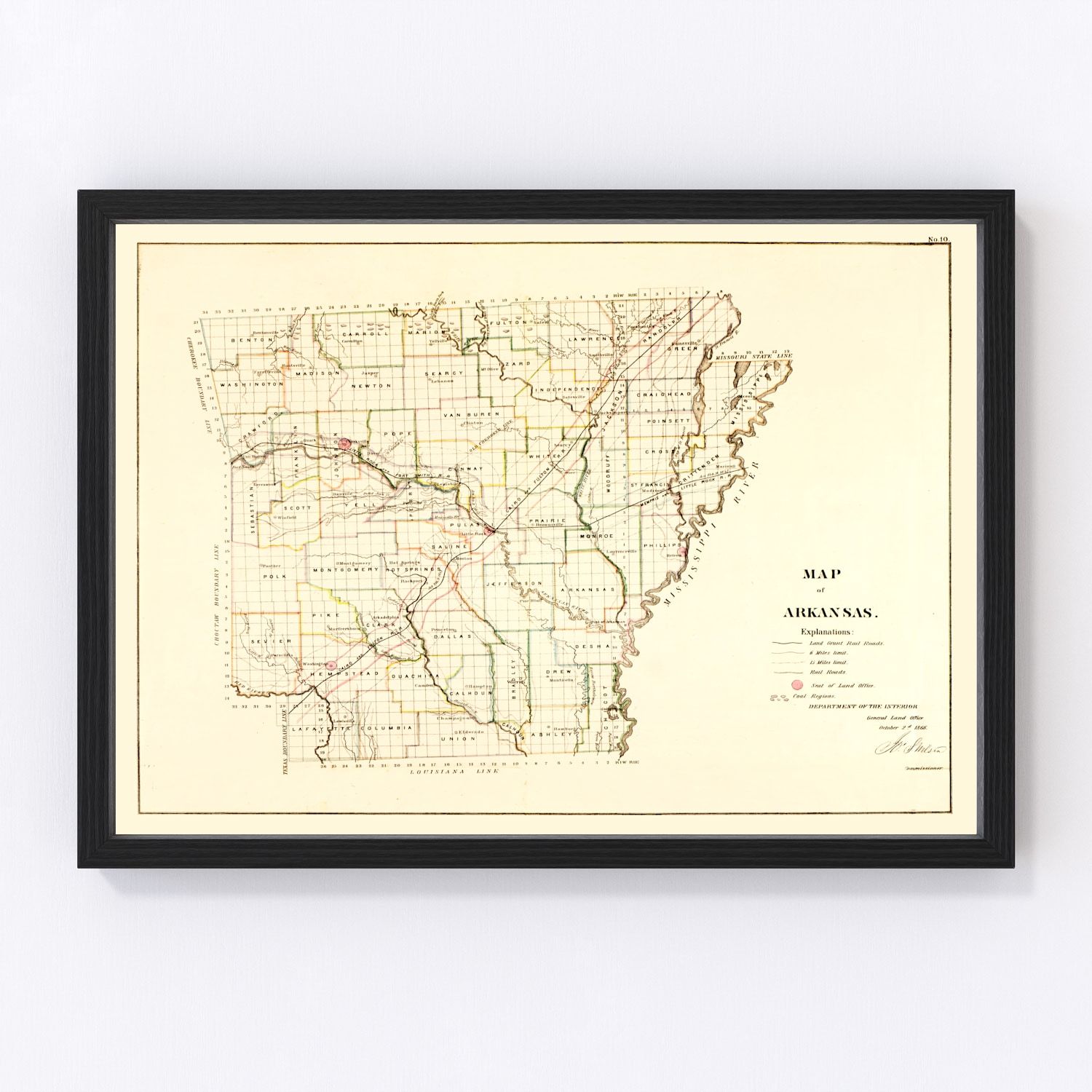 vintage map of Arkansas, 1866, Reconstruction era