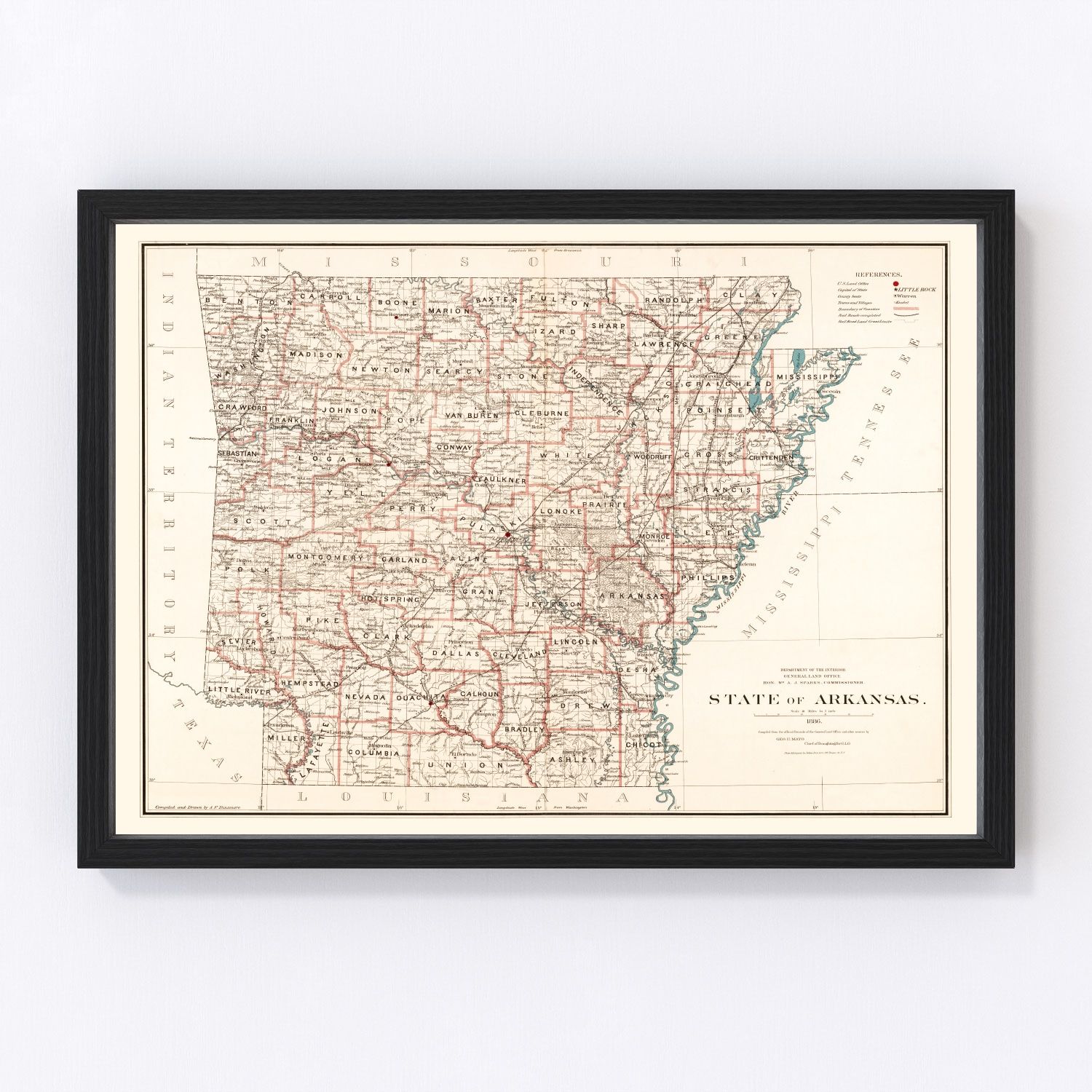 vintage map of Arkansas, 1886, railroad boom era