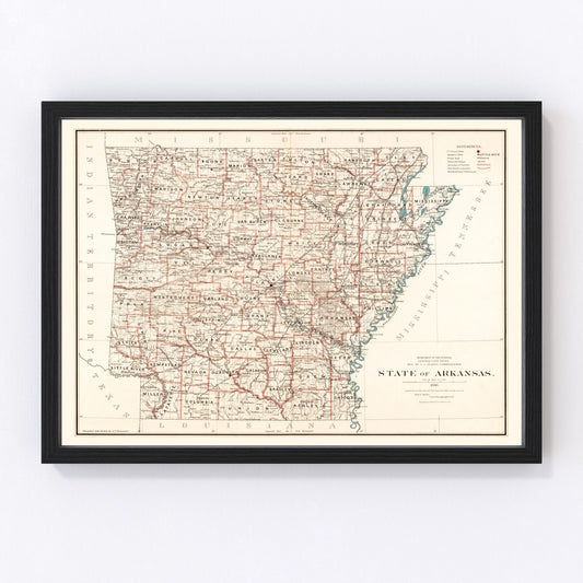 vintage map of Arkansas, 1886, railroad boom era