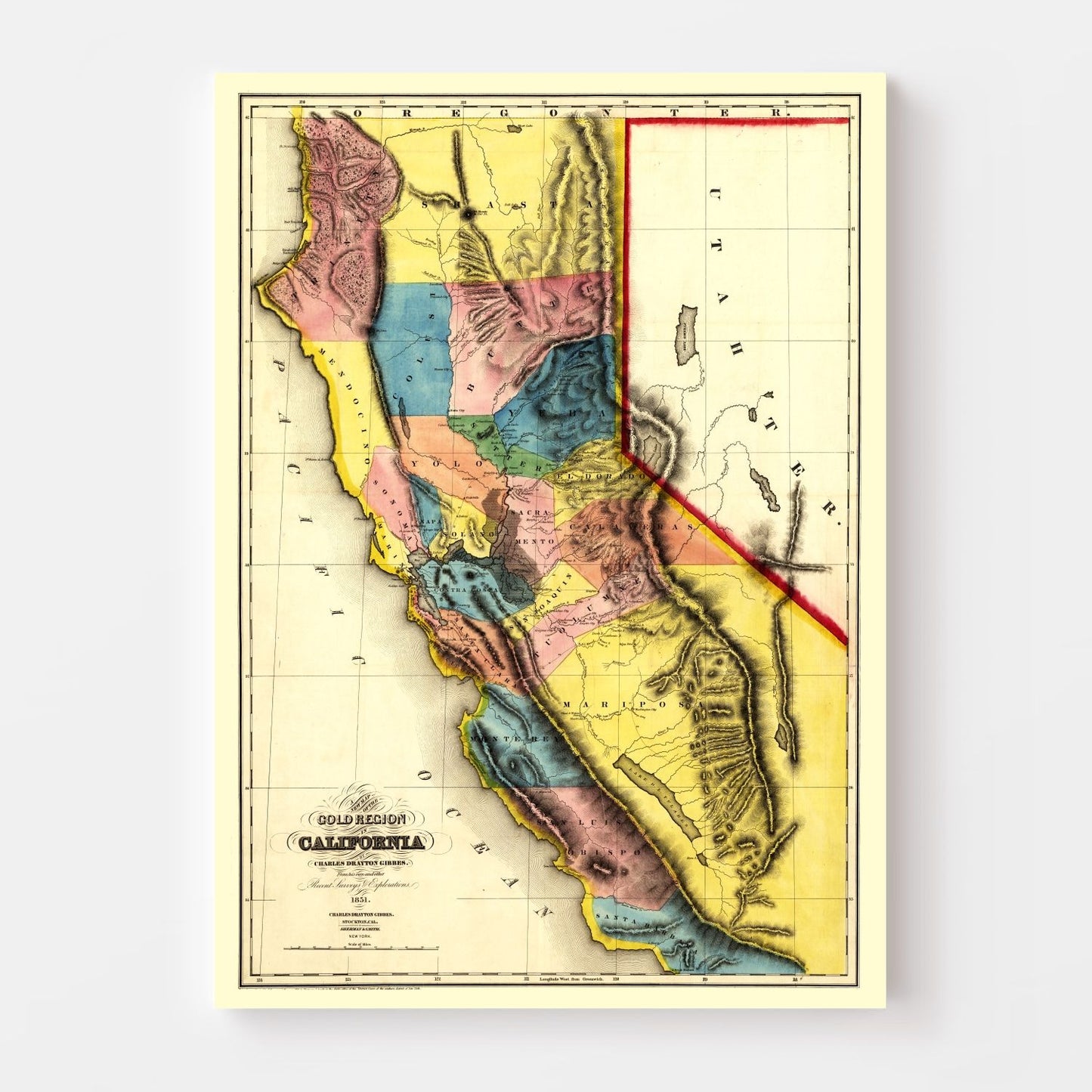 Vintage Map of California, 1851 Wall Art Print