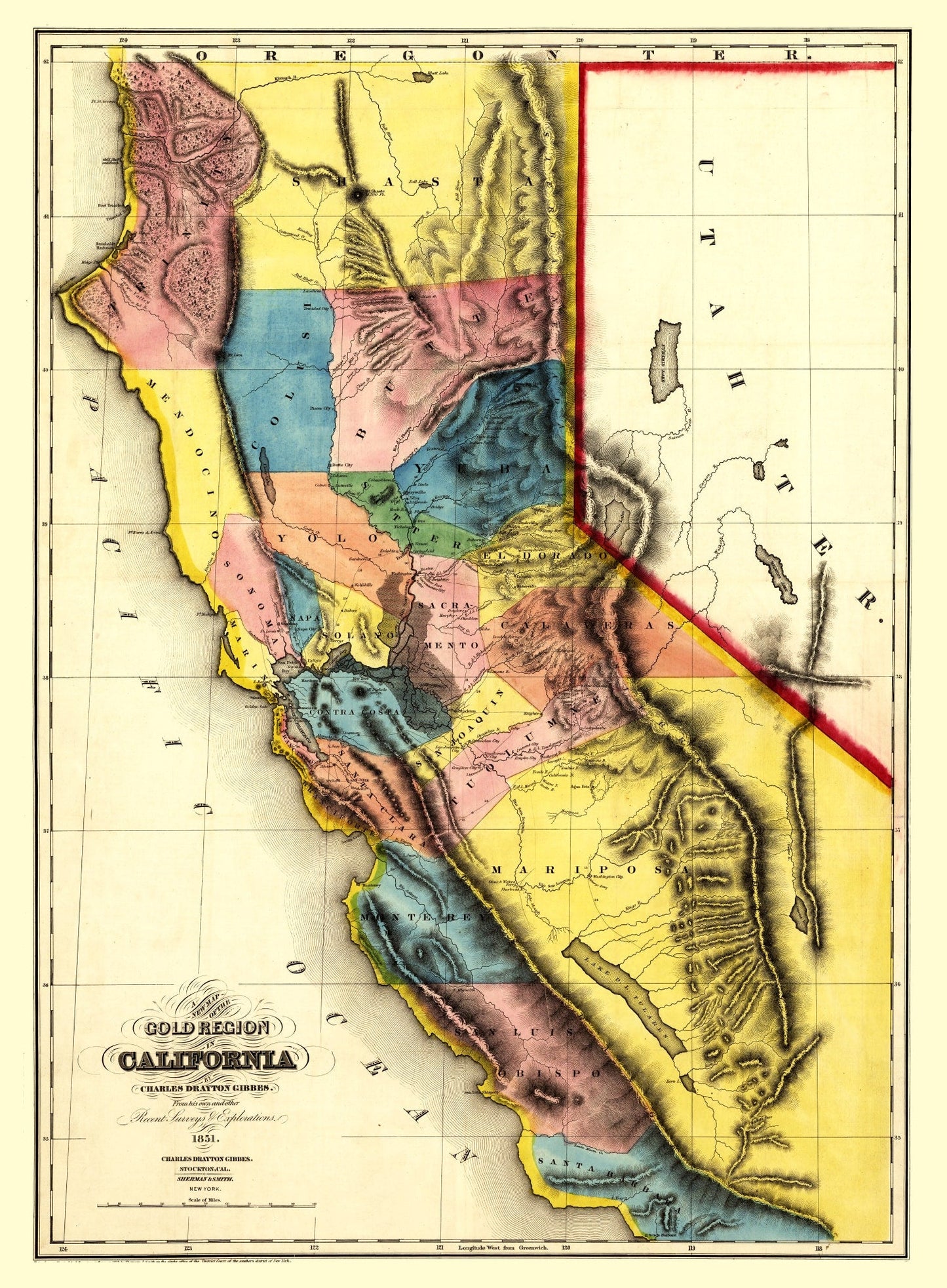 Vintage Map of California, 1851 Wall Art Print