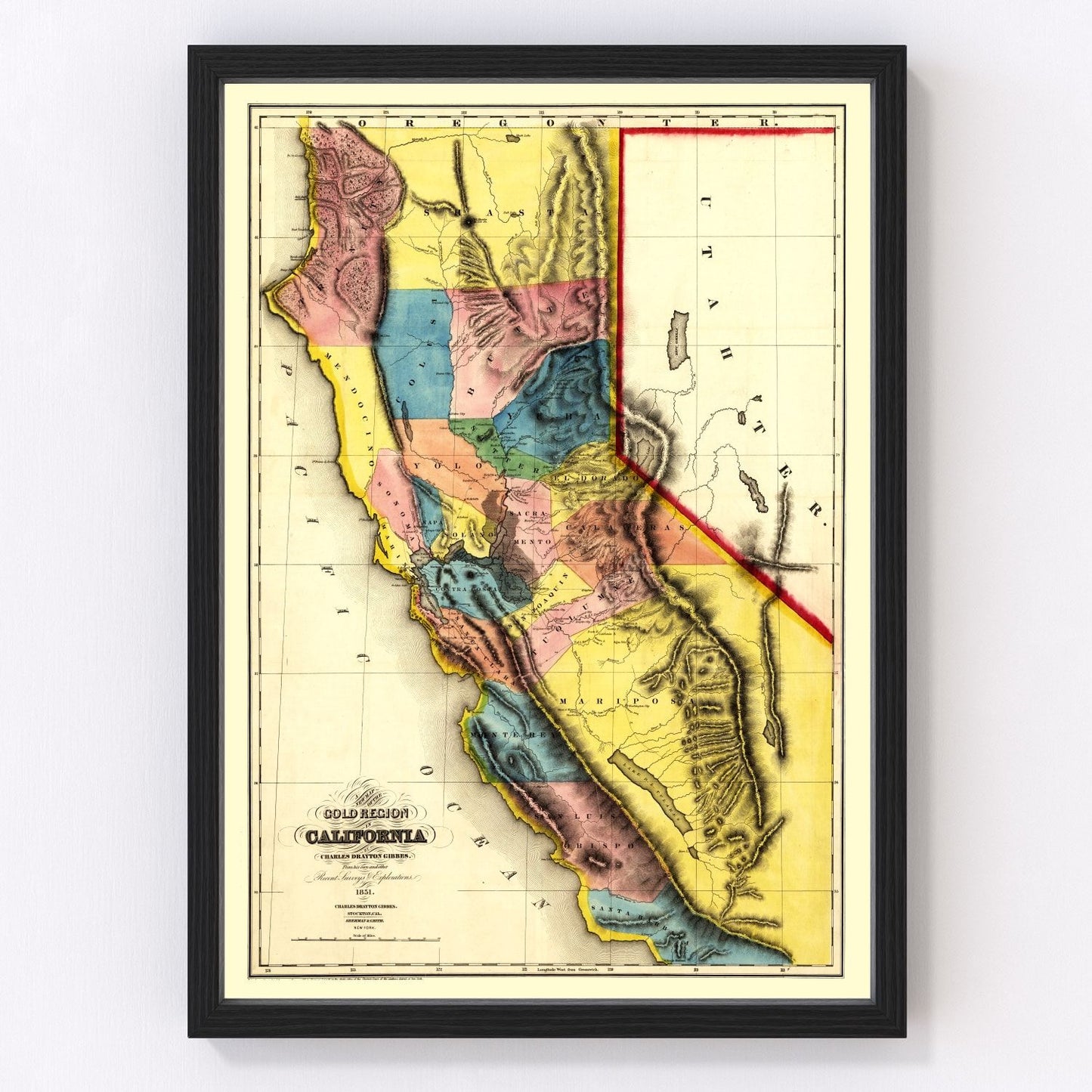 Vintage map of California, 1851, statehood-era restored print