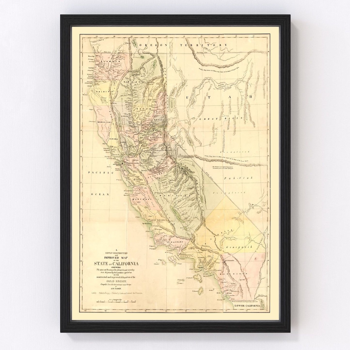 Vintage map of California, 1851, first year of statehood restored print