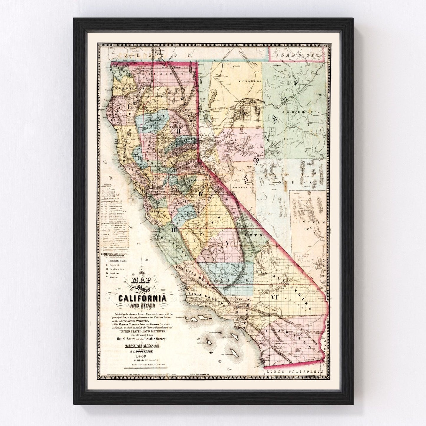 Vintage map of California, 1867, post-Civil War restored print