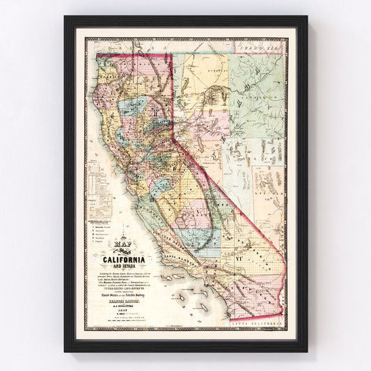 Vintage map of California, 1867, post-Civil War restored print