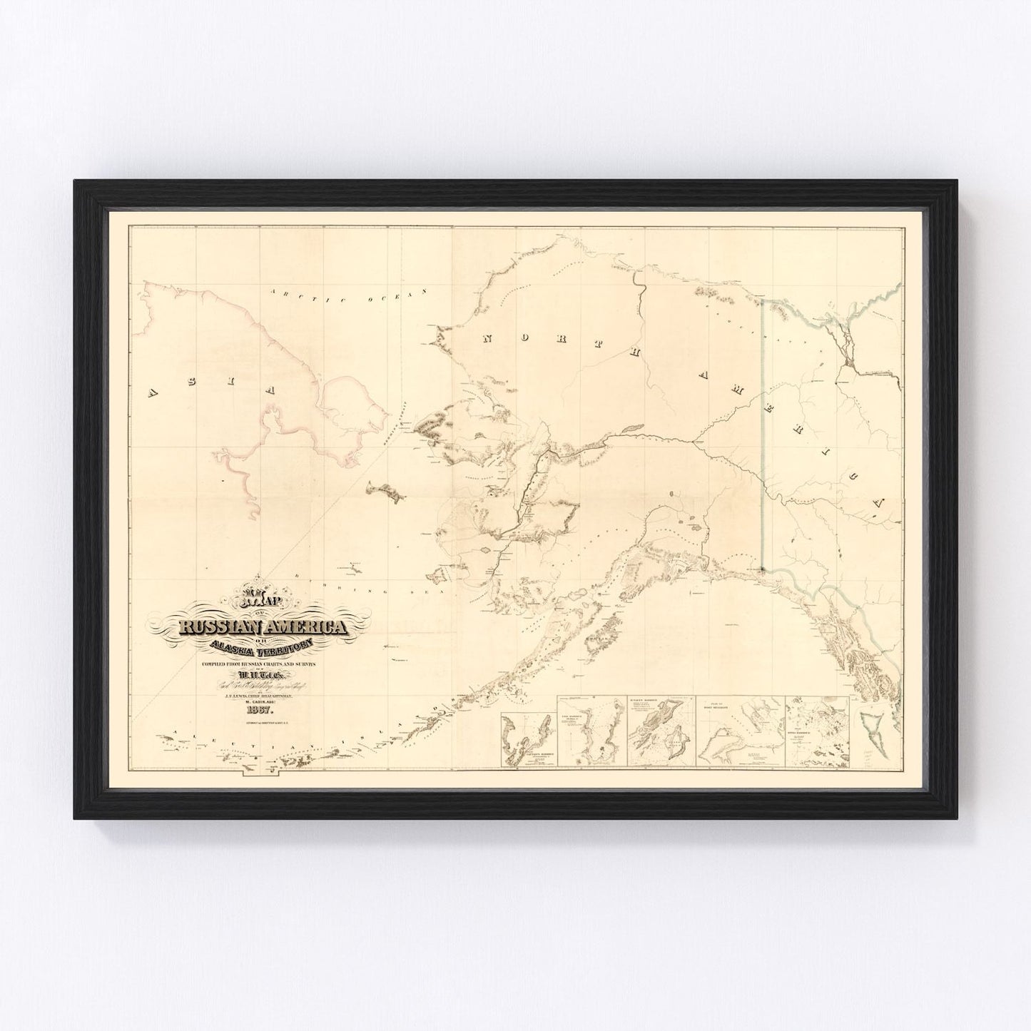 Vintage map of Alaska, 1867 landscape - year of US purchase restored print