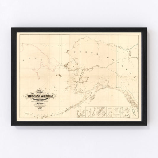 Vintage map of Alaska, 1867 landscape - year of US purchase restored print