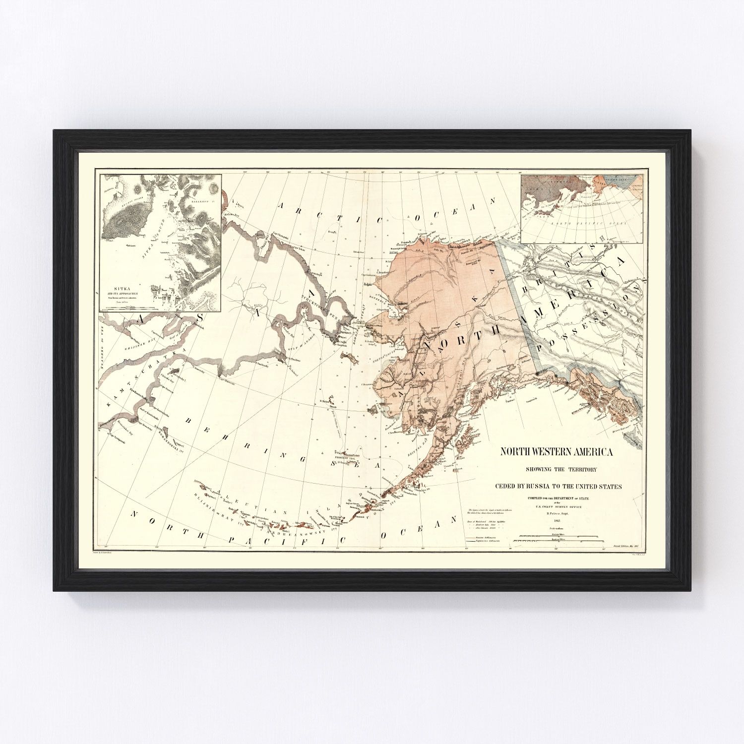 Vintage map of Alaska, 1867 - year of US purchase from Russia