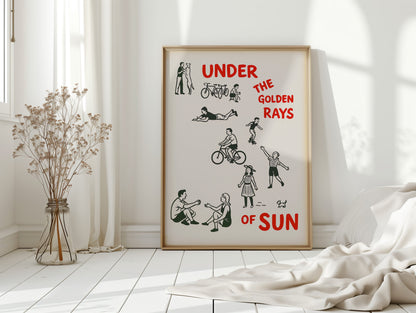 Golden Rays of Joy Retro Bike and Dog Wall Art