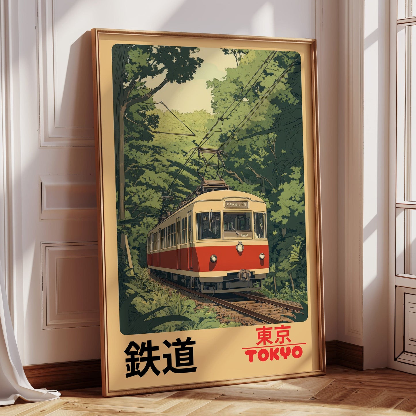 Retro vintage Tokyo railway tram Japanese travel print