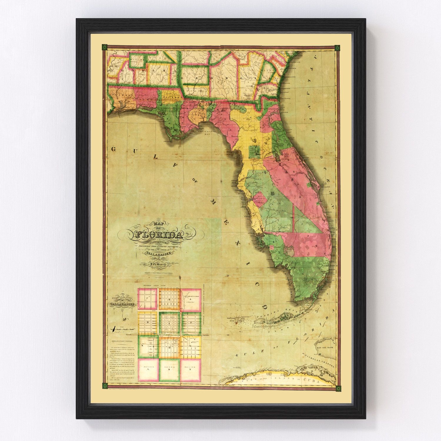Vintage restored map of Florida, 1829, U.S. territory era cartography