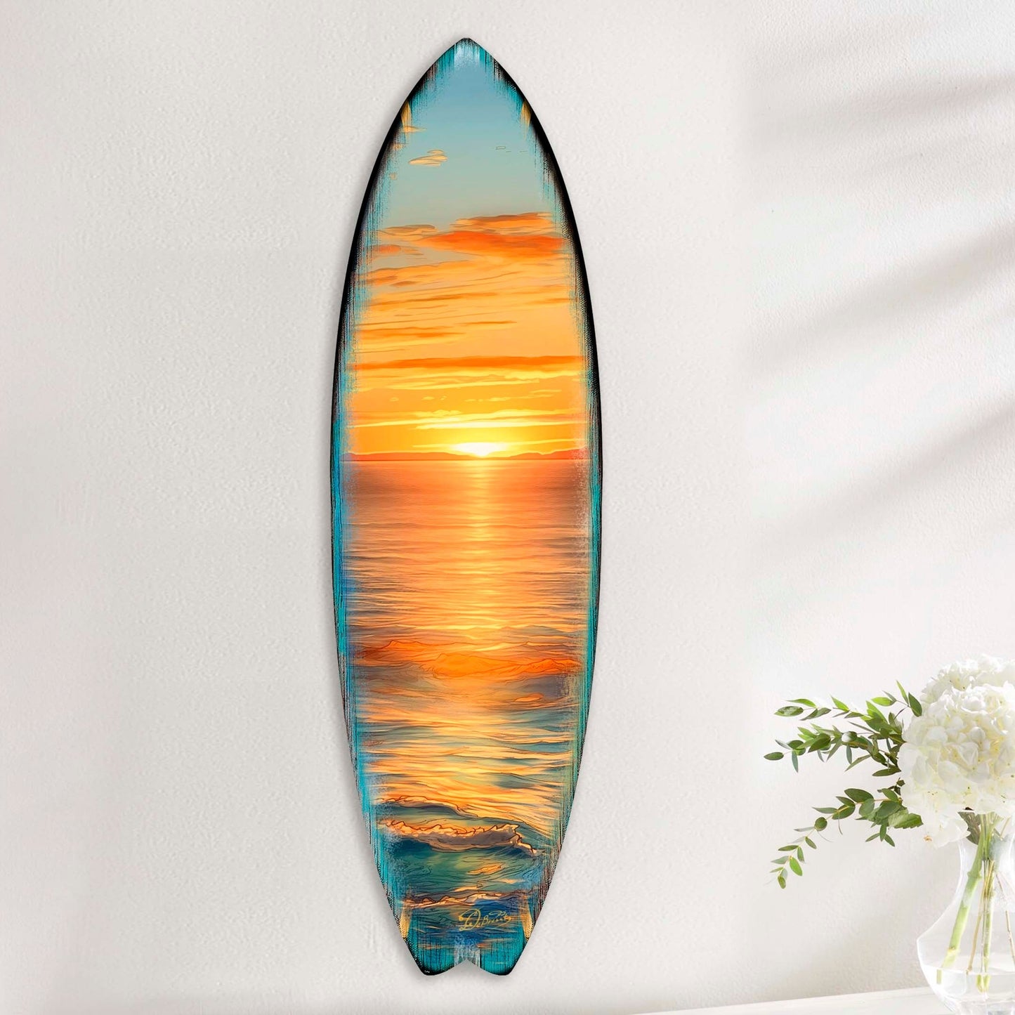 Golden Waves Sunset Surfboard Wood Wall Art