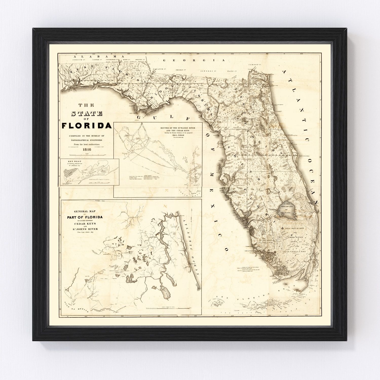 Vintage restored map of Florida, 1846, pre-statehood territory cartography