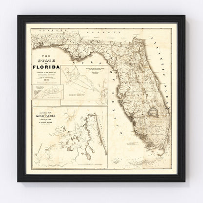 Vintage restored map of Florida, 1846, pre-statehood territory cartography