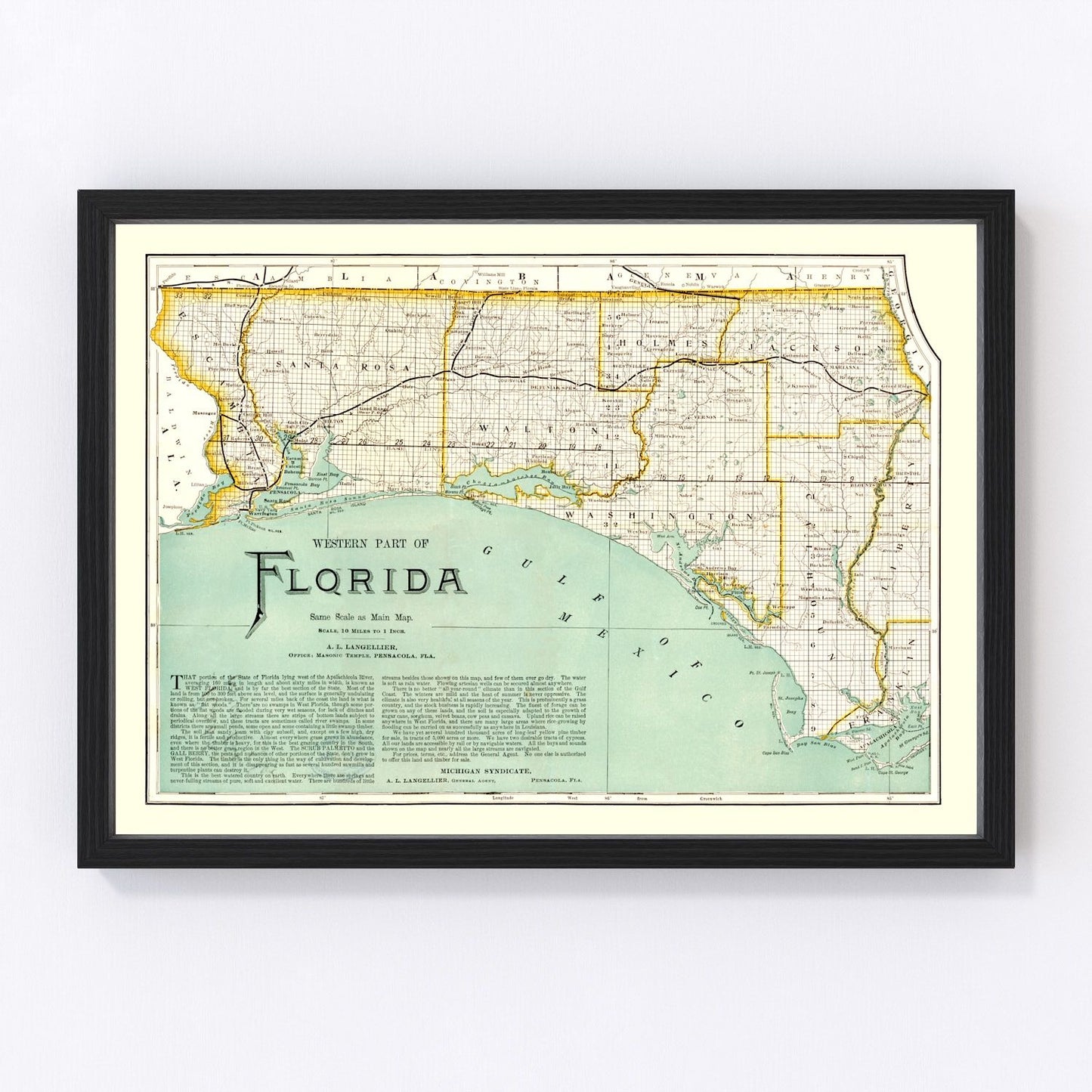 Vintage restored map of Florida, 1890, Gilded Age railroad-era state cartography
