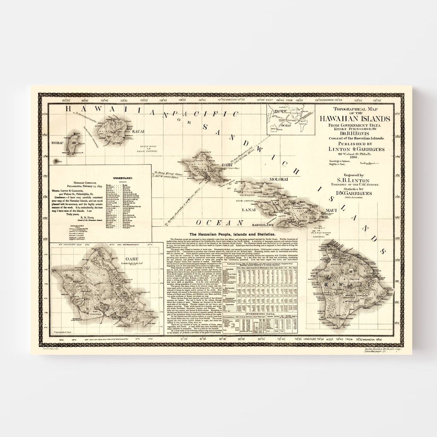 Vintage Map of Hawaii, 1893