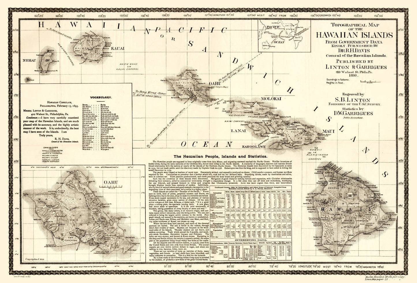 Vintage Map of Hawaii, 1893