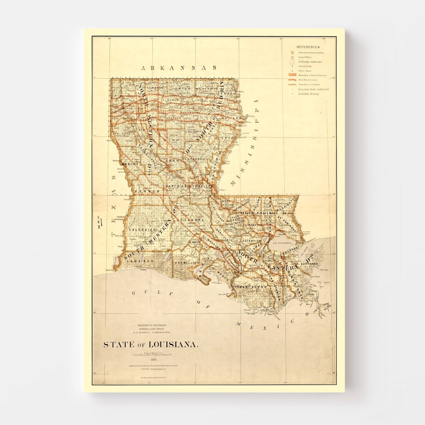 Vintage Map of Louisiana, 1876 IV