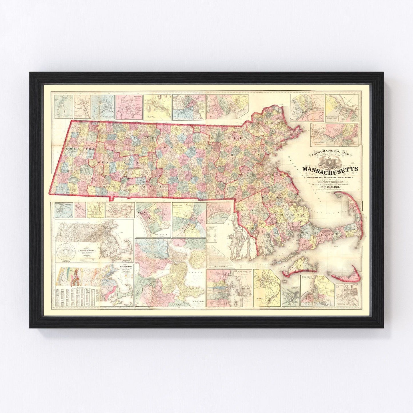 Vintage map of Massachusetts, 1861