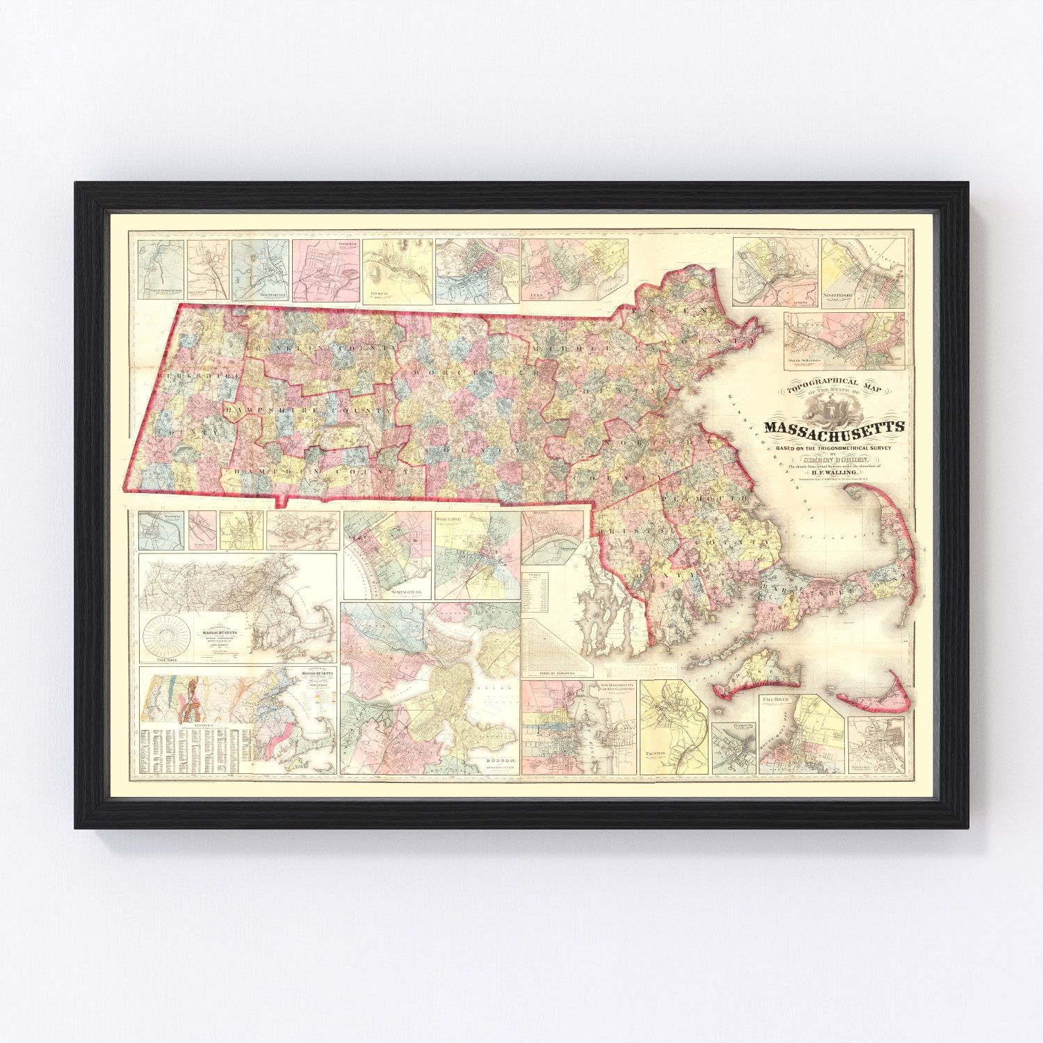Vintage map of Massachusetts, 1861