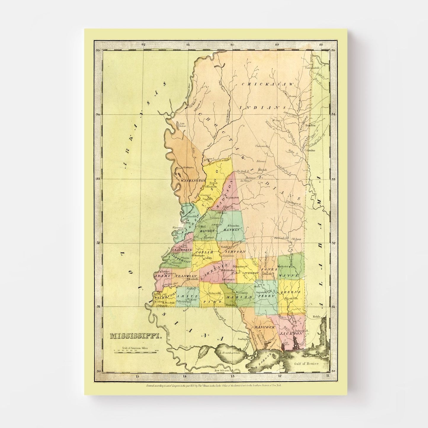 Vintage Map of Mississippi, 1835