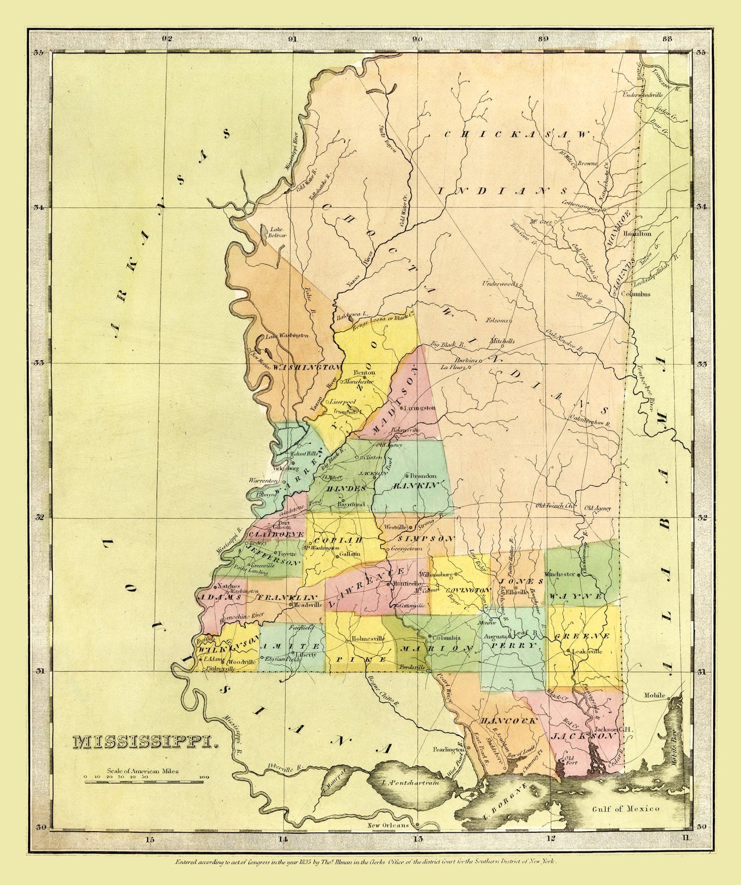 Vintage Map of Mississippi, 1835