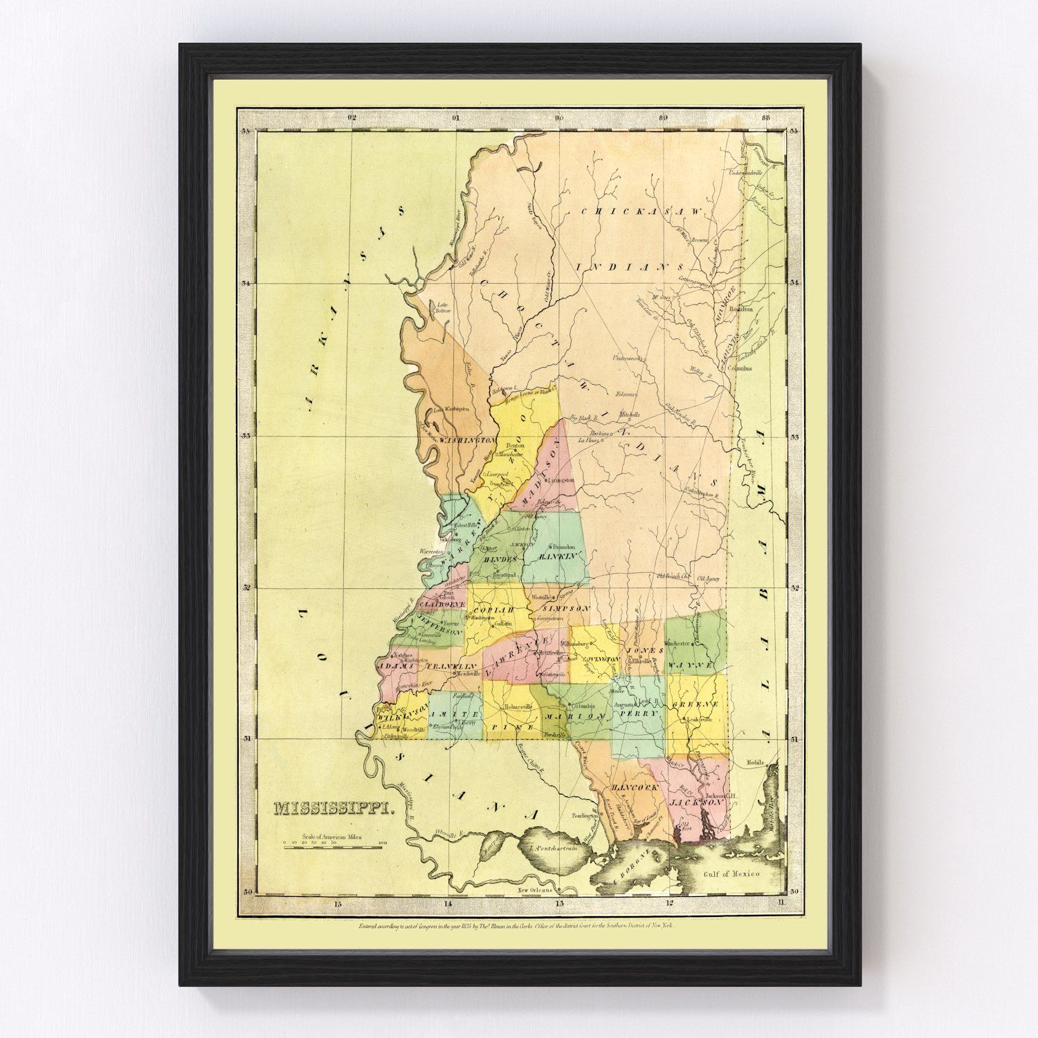 vintage map of Mississippi, 1835