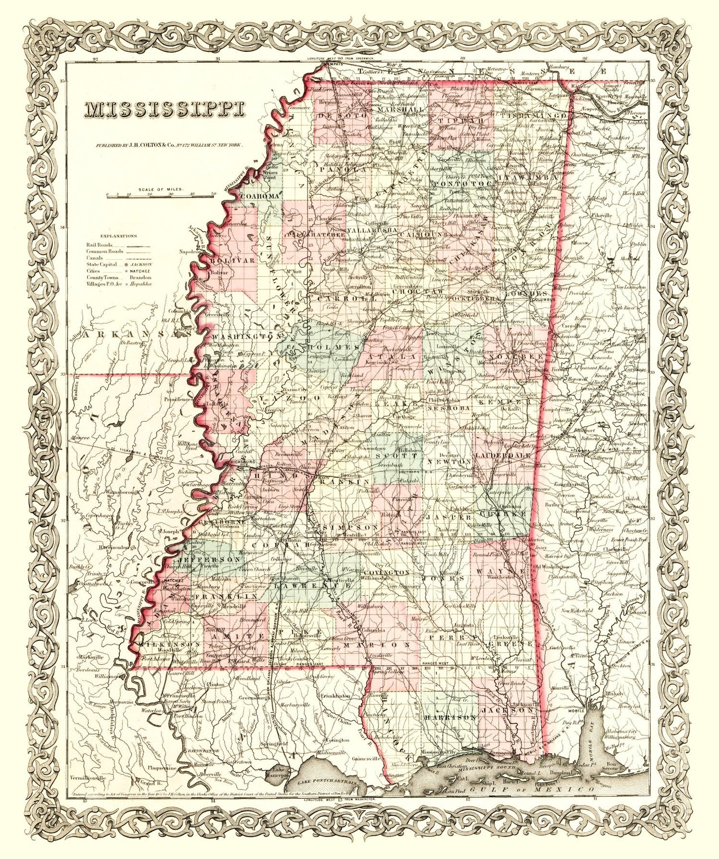 Vintage Map of Mississippi, 1855