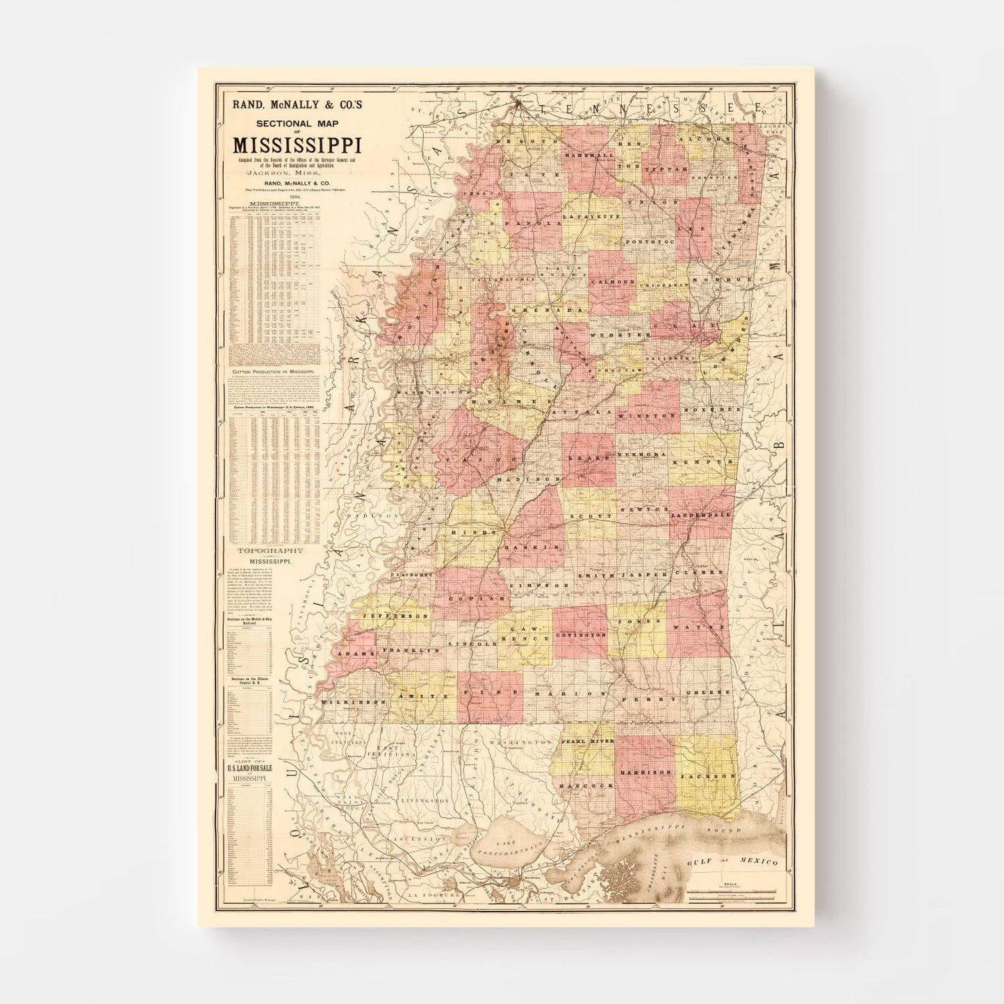 Vintage Map of Mississippi, 1892