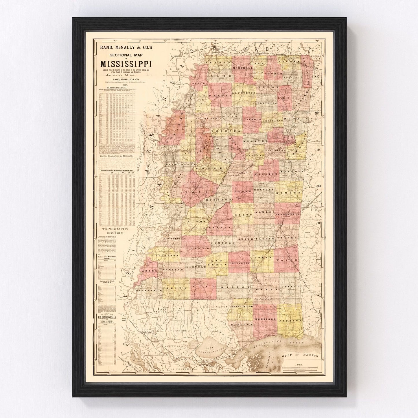 Vintage map of Mississippi, 1892