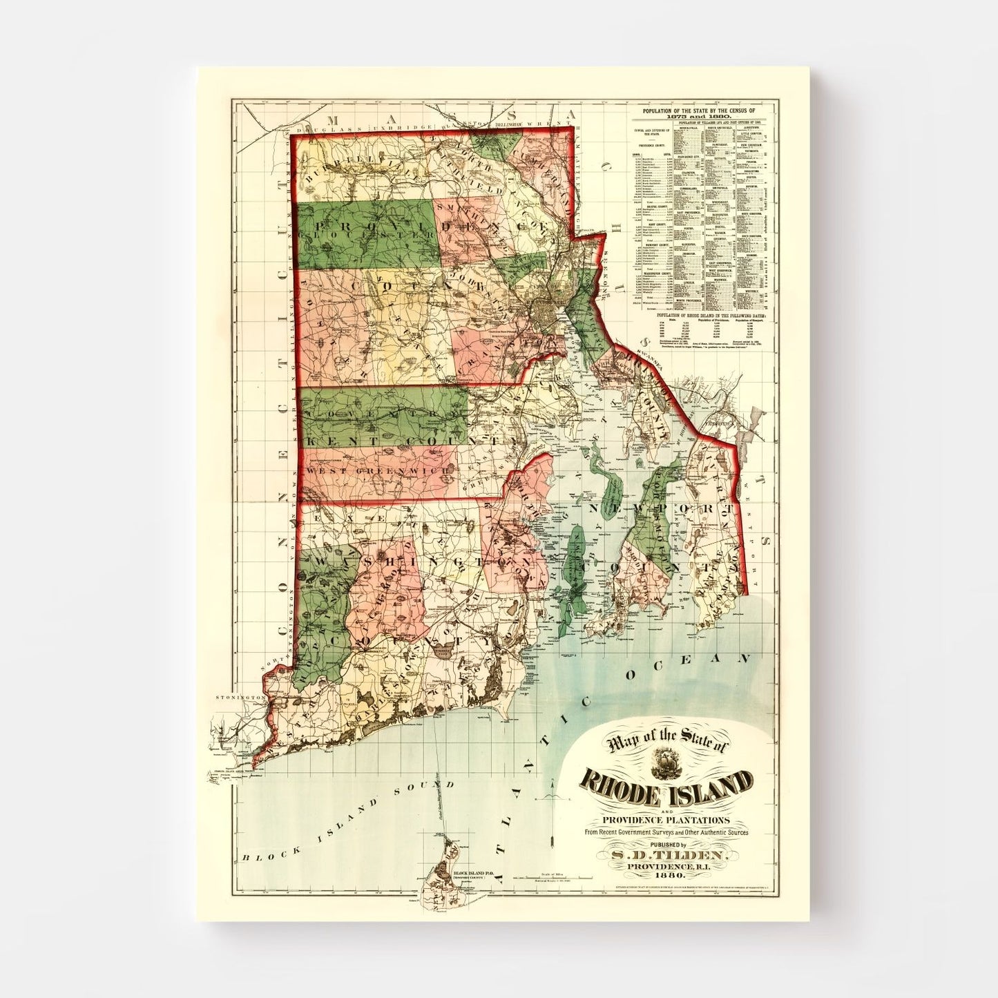 Vintage Map of Rhode Island, 1880