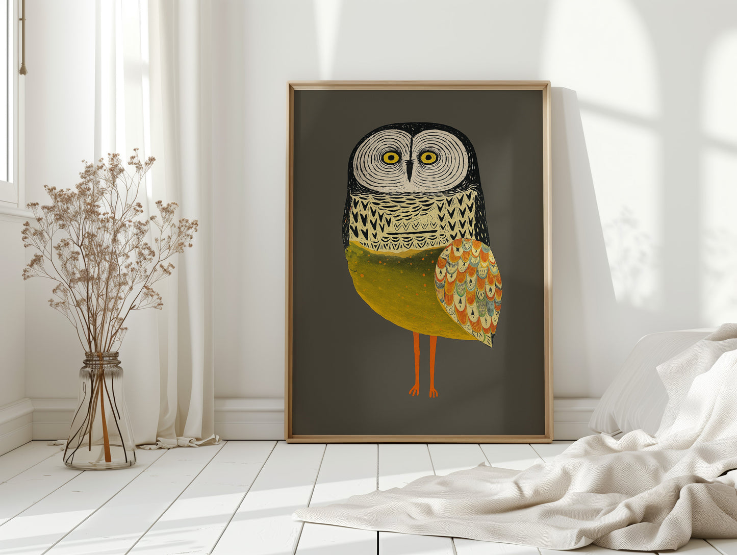 Stylized Owl Wall Art - Golden Feather Bird Print