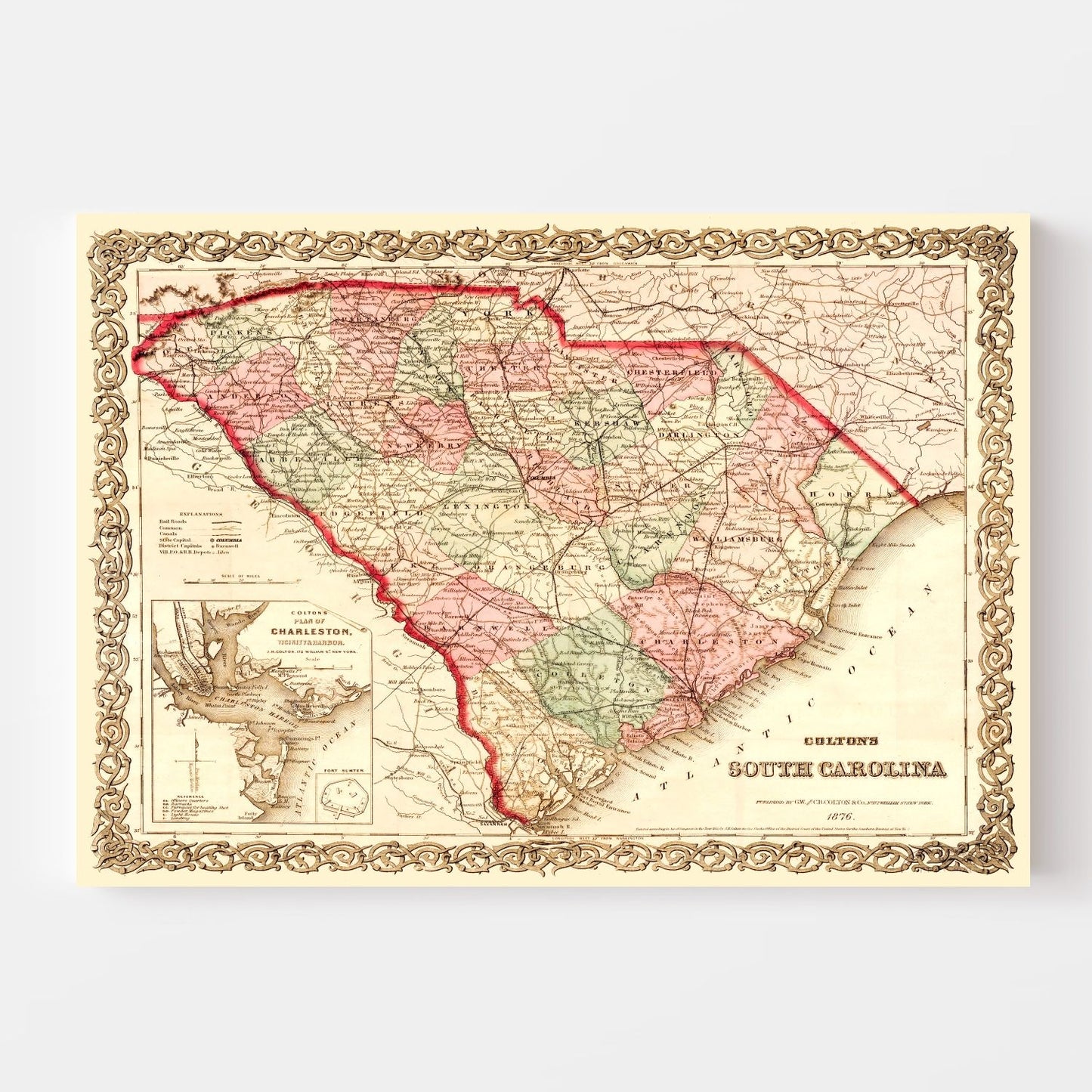 Vintage Map of South Carolina, 1876