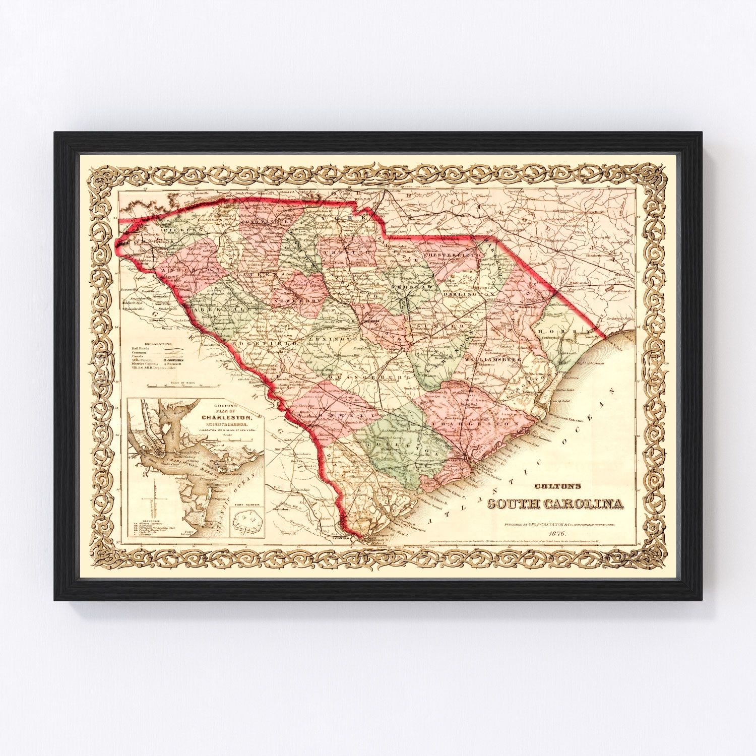 Vintage map of South Carolina, 1876