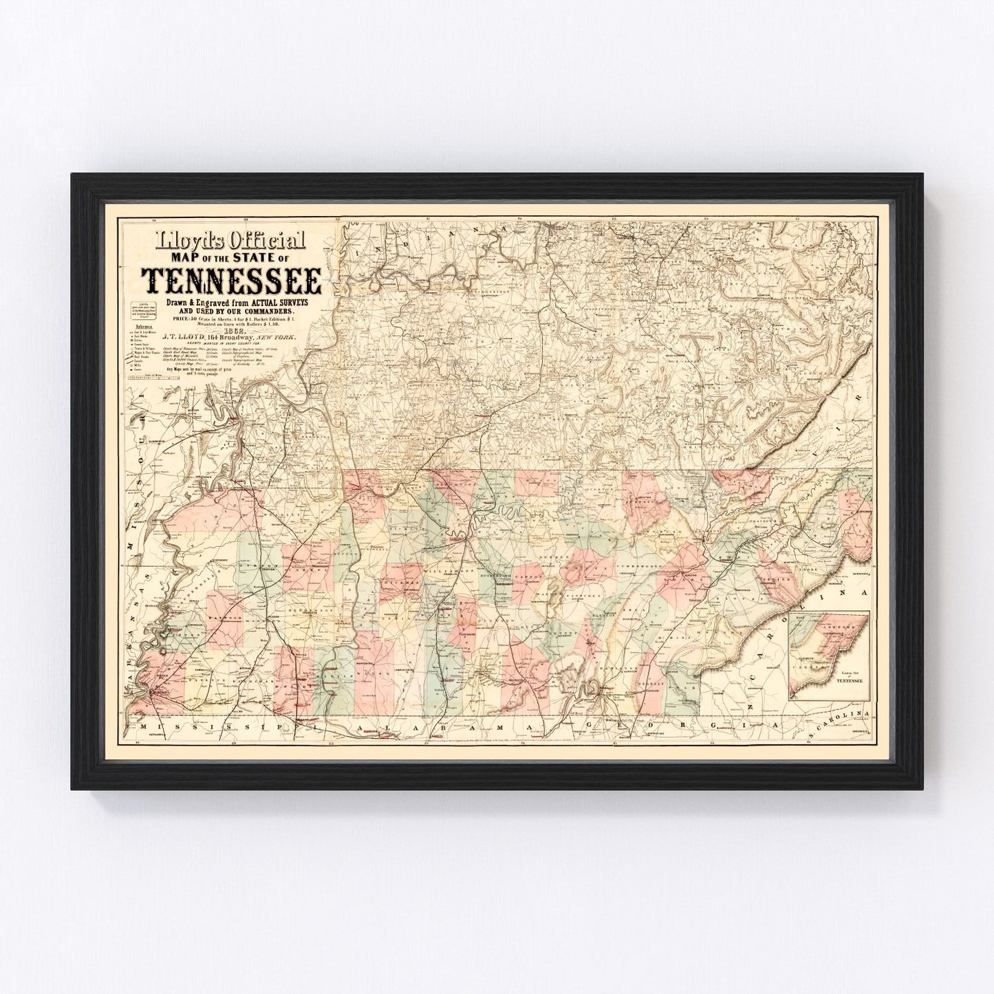 vintage map of Tennessee, 1862