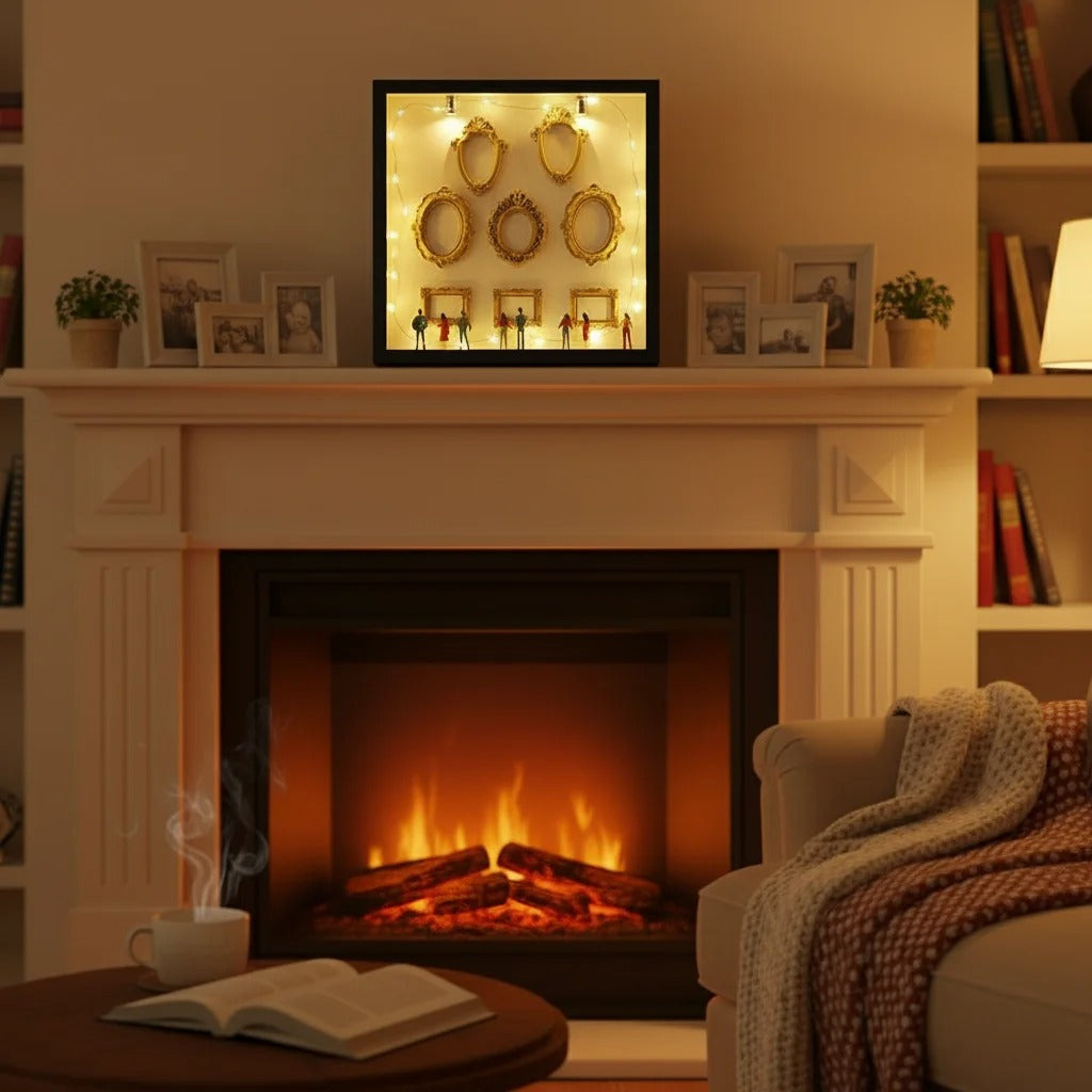 Cozy living room with fireplace, books, and decorative items.